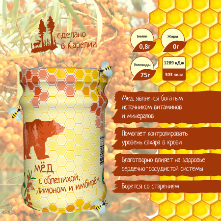 Мед с облепихой, лимоном и имбирем 320г